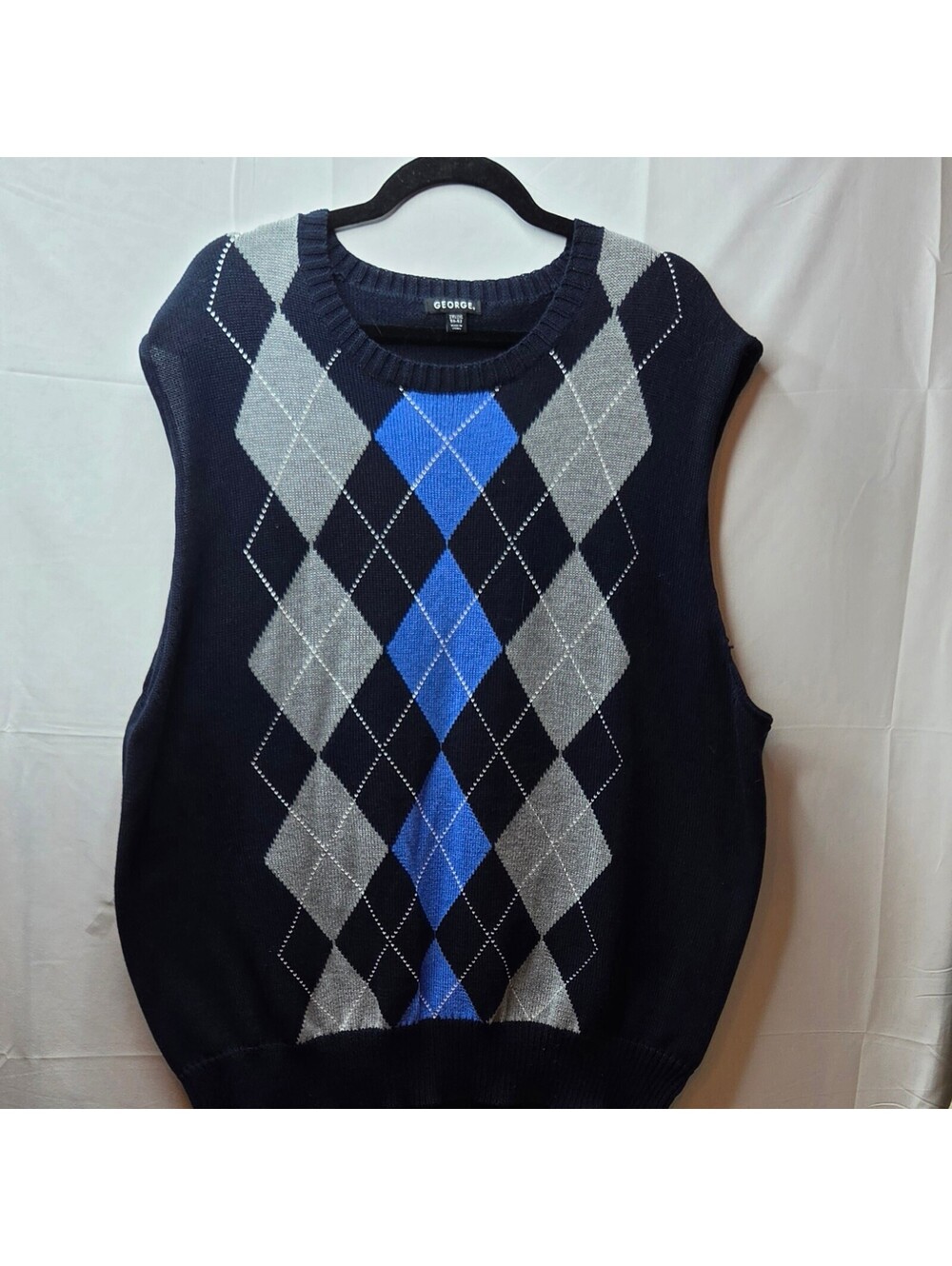 George Men's Argyle Sweater Vest 2XL Navy Blue Gray Diamond Knit Plaid
